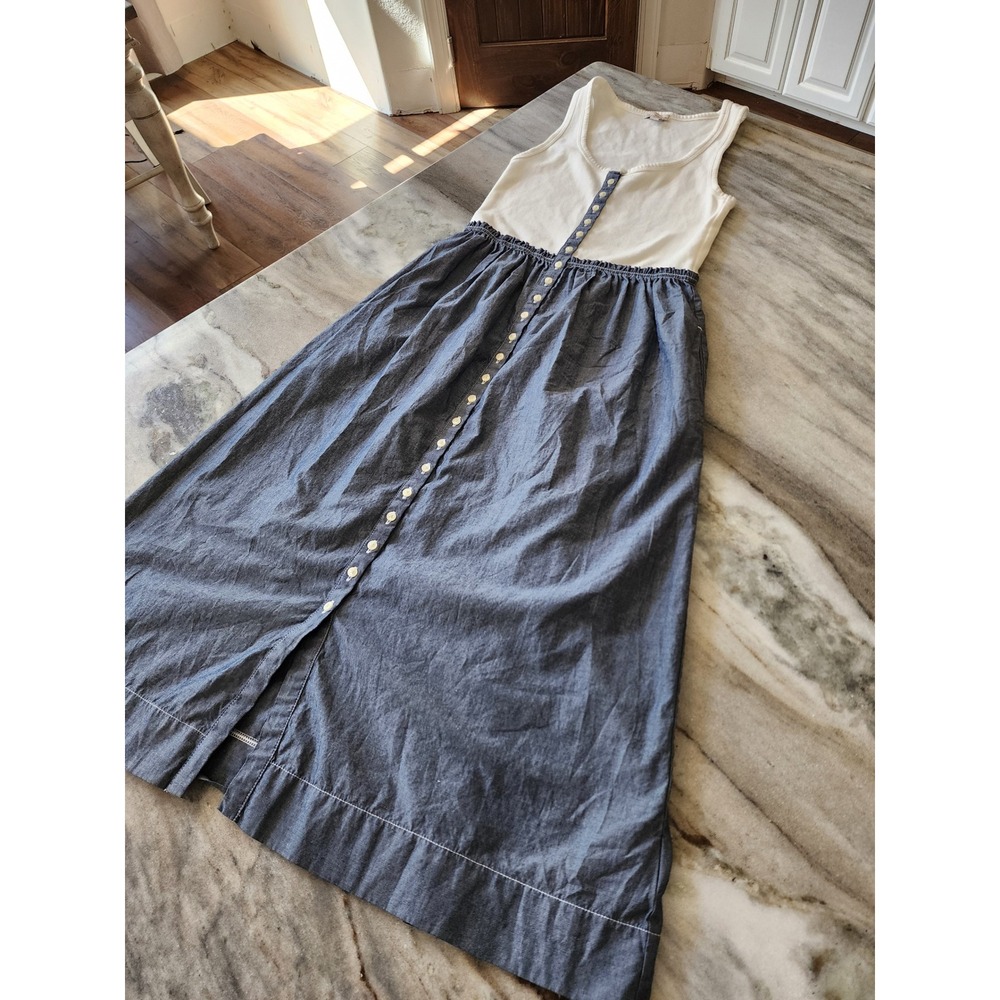 Gap Womens White Blue Chambray Button Front Maxi Dress Small Petite